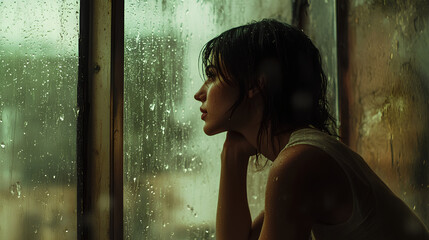 A side view of a woman resting her chin on her knees beside a rainy window,