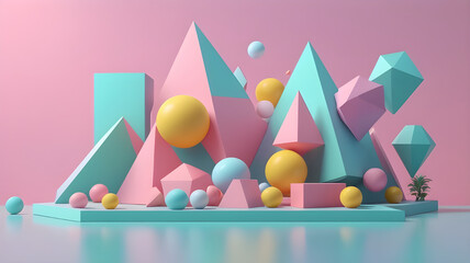 Floating 3D Minimalism with abstract geometric shapes in pastel minimalistic illustration