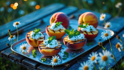 Fototapeta premium Grilled Peaches with Cream and Mint on Tray outdoors