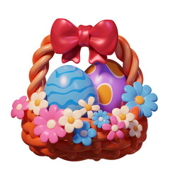 3D Icon Illustration of Colorful Easter Eggs in Basket