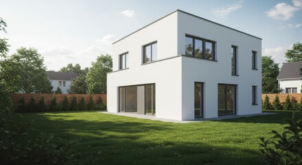 Fototapeta premium Modern Cube House Design - Contemporary white cube house with large windows, situated in a green lawn. Ideal for modern architecture, real estate, and home design