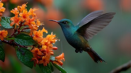 Fototapeta premium Vibrant hummingbird in flight, surrounded by bright orange flowers