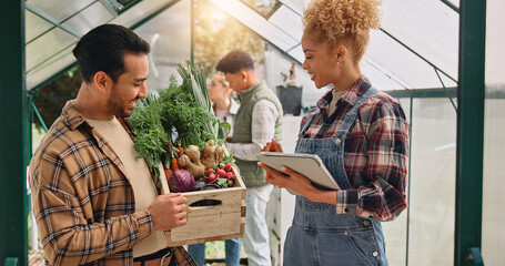 Greenhouse, tablet and people with vegetables on farm with inspection for plants, crops and...