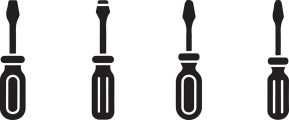  Vector icons of different types of screwdrivers in black and white, perfect for tools, construction, and DIY projects, symbolizing craftsmanship and manual work.