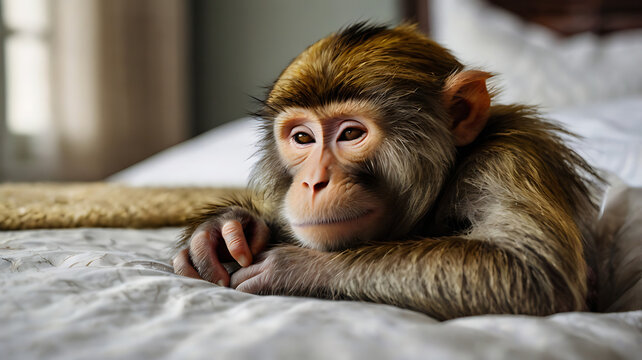 Adorable Baby Monkey Relaxing in a Cozy Indoor Bedroom - Furry Animal Photography