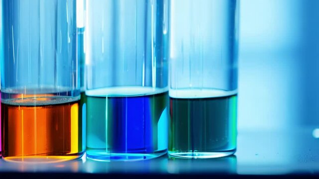 Chemical reaction mixing colorful liquids in test tubes