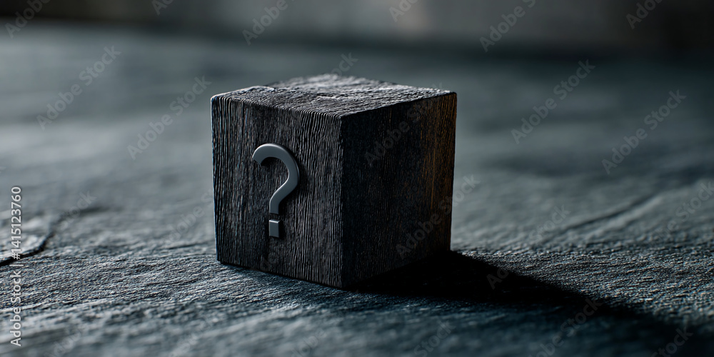 Poster Dark wood cube with a question mark, sitting on a dark surface, representing uncertainty, mystery, or a need for answers.  Showcase ideal for questioning concepts.