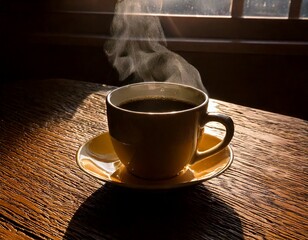 Steaming cup of black coffee on a rustic wooden table, soft morning light through a window, cinematic shadows.