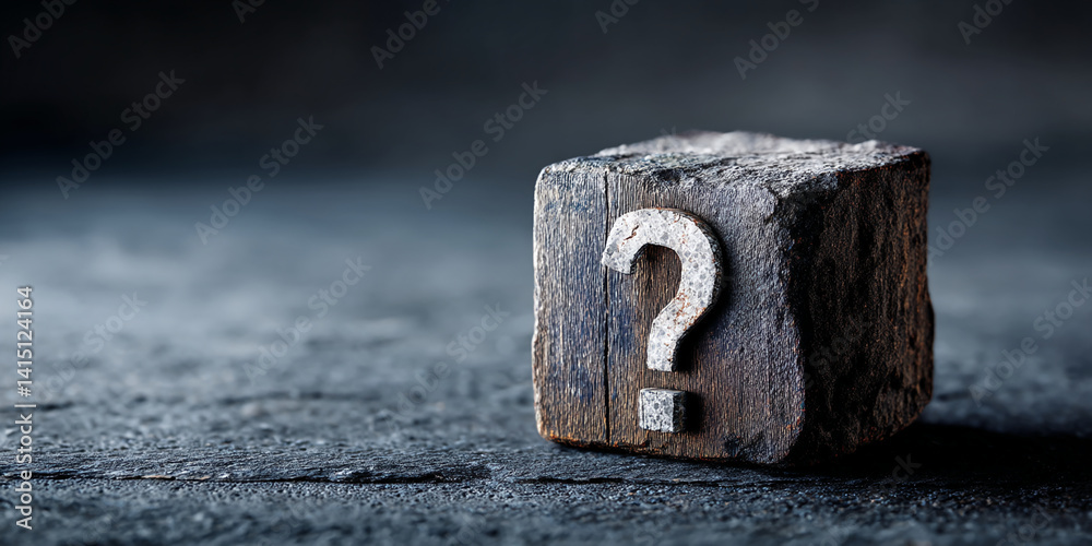 Poster Dark wooden cube with a metal question mark, sitting on a dark surface, suggesting uncertainty or inquiry, ideal for concepts needing a questioning element