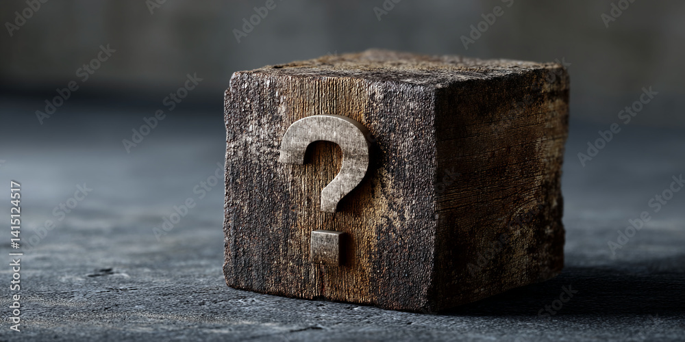 Poster Wooden cube with a question mark, dark rustic texture, symbolizes inquiry, uncertainty, or problem-solving.  Free space for text