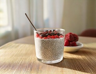 Minimalist breakfast scene with chia pudding in a clear glass, side angle, soft morning light.