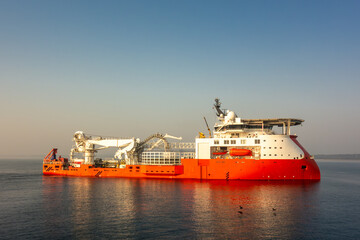 Modern Offshore Support Vessel for Subsea Cable Laying and Marine Construction – High-Tech Ship in The Sea