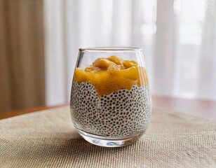 Minimalist breakfast scene with chia pudding in a clear glass, side angle, soft morning light.