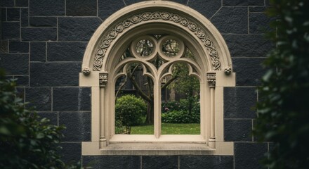 Obraz premium Ornate Arch Window in Stone Wall - A beautifully carved stone arch window reveals a tranquil garden scene. The dark stone wall provides a striking contrast to the light-colored window frame