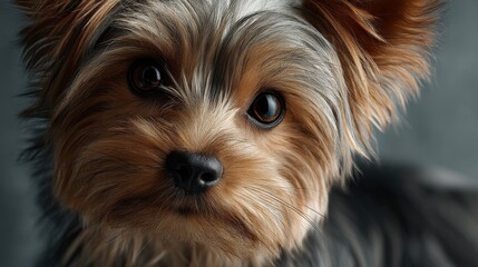 Curious yorkshire terrier portrait studio hyperrealistic art indoor close-up dog enthusiast