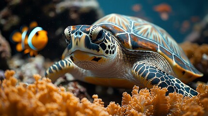 Fototapeta premium Sea turtle and clownfish in coral reef