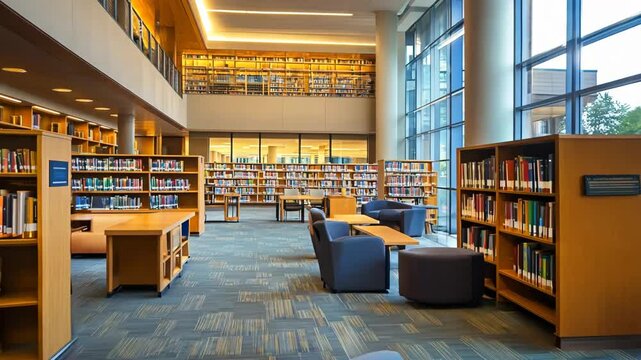 A library with a lot of books and chairs. The chairs are blue and the books are on shelves
