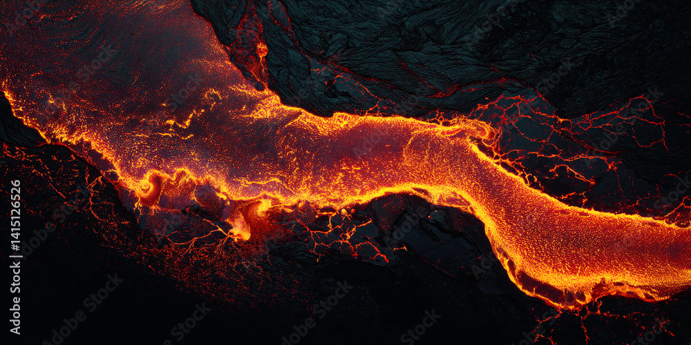 Poster aerial view of glowing orange lava flowing on dark volcanic rock, creating a dramatic and fiery text