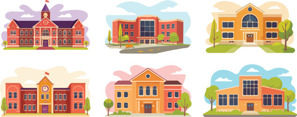 Colorful vector illustrations of various school buildings, including traditional, modern, and academic campus designs. Perfect for educational, school architecture, and campus-themed projects.