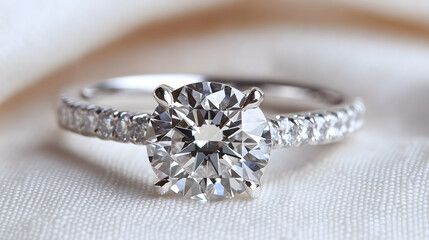 close up of sparkling diamond engagement ring on soft fabric background. ring features round cut diamond with detailed band