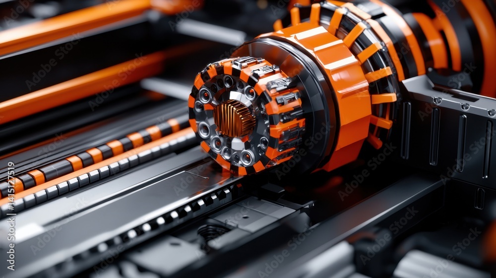 Poster a close-up of a mechanical part with a vibrant orange and black color scheme highlights the precisio