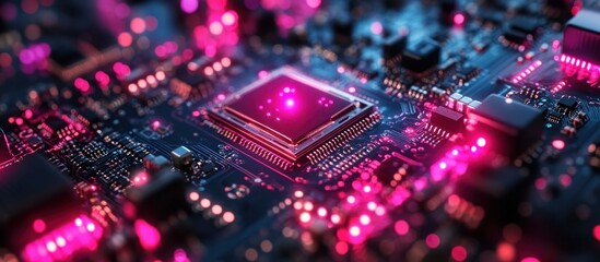 Fototapeta premium Close-up of a glowing circuit board with a central processor, showcasing the intricate details of modern technology.