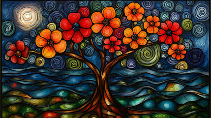 Colorful floral tree artwork at night Vivid flowers stand against a blue swirling sky and rippling water under a brigh