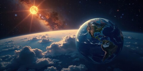 A celestial sunrise over a planet's cloud-covered surface, revealing a radiant star and the cosmic expanse of space.