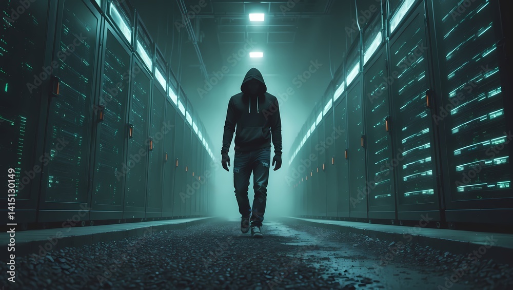 Poster a hooded figure walks confidently down a dimly lit corridor. the figure is shrouded in shadow, creat