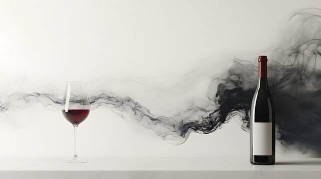 bottle of red wine with glass half filled elegantly sits on marble surface, with artistic smoke swirling in background