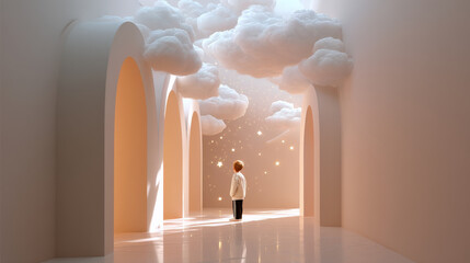 child stands in elegant white hallway with pastel clouds floating above, creating dreamy atmosphere