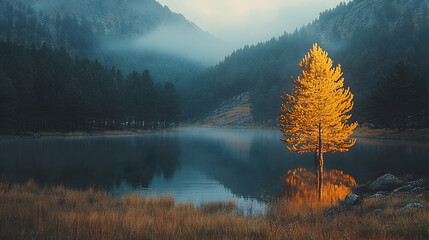 Serene lake reflects a vibrant golden tree surrounded by dark evergreens and misty mountains under a soft diffused lig