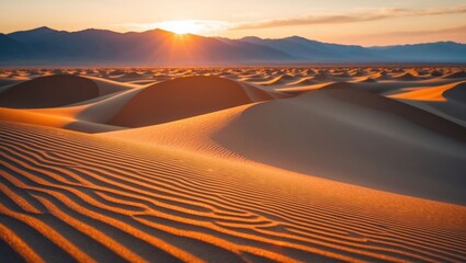Naklejka premium Sand Dunes at Sunset with Mountain Silhouette Scenery