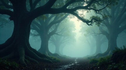 Enigmatic Path Through a Misty Forest of Ancient Trees with Exposed Roots