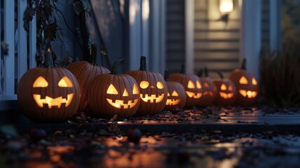 Fototapeta premium Jack-o'-lanterns illuminate a Halloween porch.