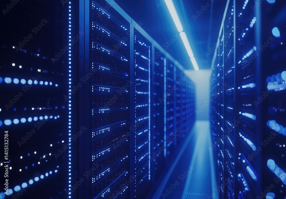 Poster narrow corridor of glowing blue servers in a dim environment, ideal for cybersecurity visuals, ai in