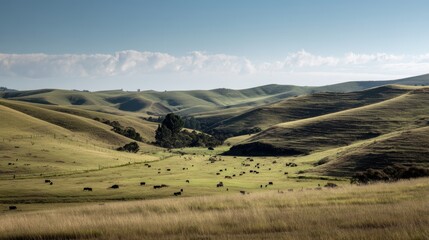 Obraz premium Scenic Rolling Hills Landscape with Grazing Cows Under a Tranquil Blue Sky in Serene Rural Countryside