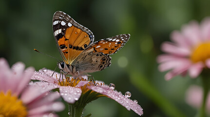 A butterfly sitting on a flower with water droplets all over it. AI.,generative.ai
