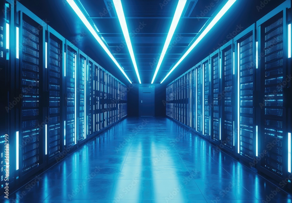 Aufkleber Symmetrical blue-lit data center with glowing server racks and polished floor, ideal for cloud platforms, AI processing, cybersecurity, and advanced IT branding