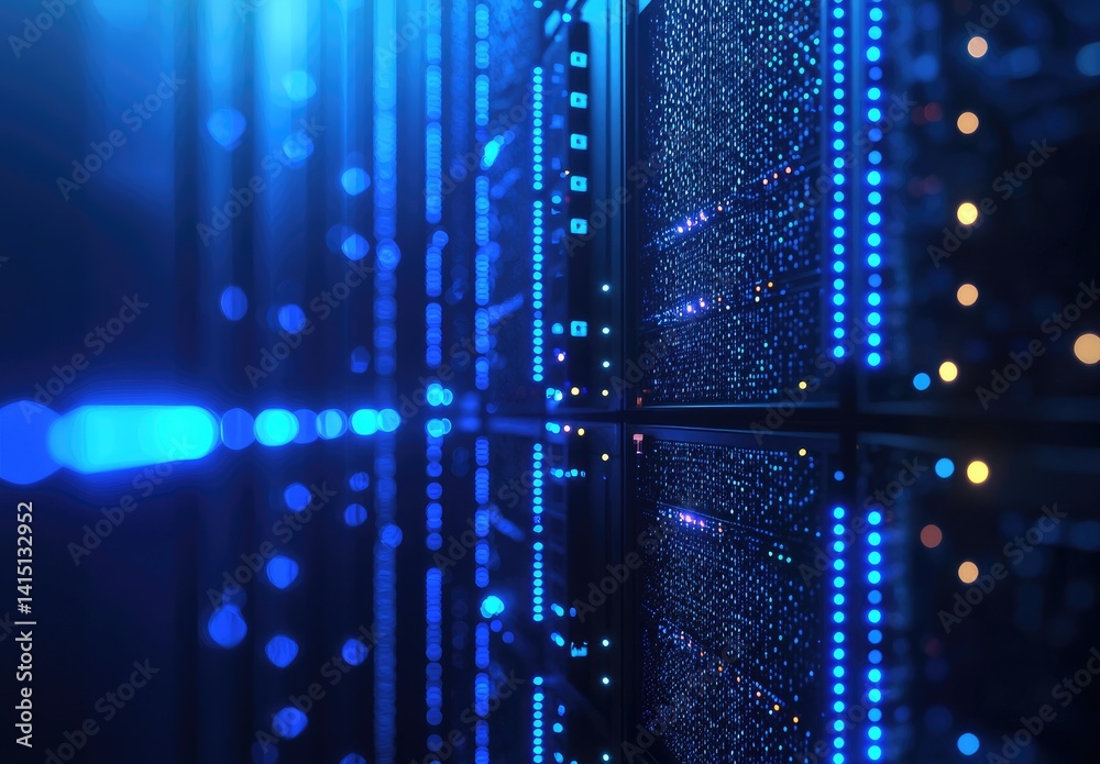 Poster Close-up of glowing blue server racks with digital bokeh and data light patterns, ideal for AI systems, cloud computing, cybersecurity, and futuristic IT solutions
