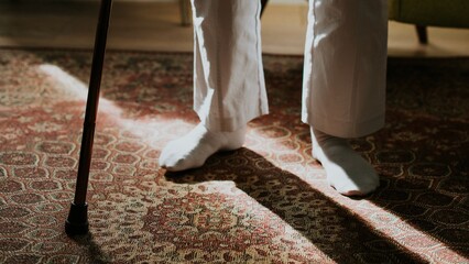 Elderly person with a walking cane on a patterned carpet. The cane supports the elderly individual....