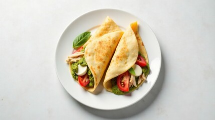 Obraz premium Savory Chicken Wraps with Pesto, Tomato, and Cheese on a White Plate