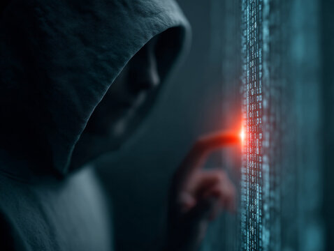 mysterious figure in hoodie interacts with glowing digital code, creating atmosphere of intrigue and technology