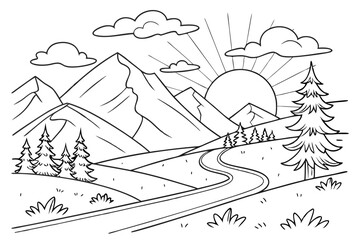 Fototapeta premium a mountain landscape,clouds,sun and the road leading into the sunset, coloring page for kids, colorless, uncolored, black and white