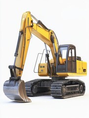 Detailed view of a yellow excavator on a plain background, showcasing its design and functionality