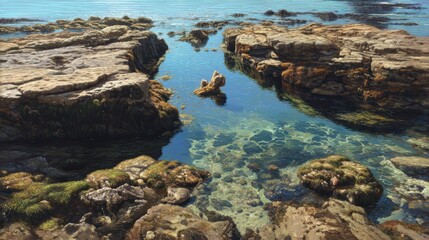 Coastal intertidal zone landscape capturing clear waters flowing through rocky formations in vibrant sunlight