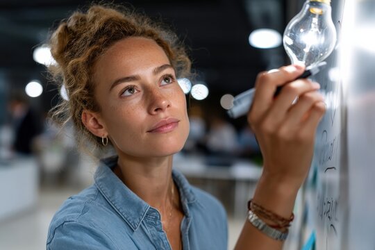 A focused woman creatively brainstorming ideas on a glass board in a modern office, showcasing collaboration and innovation in a dynamic work environment. - Powered by Adobe