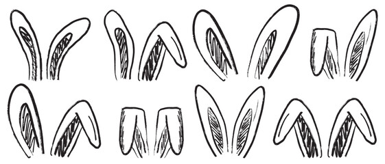 Easter bunny ears drawing in black brush stroke texture isolated on white background. Hand drawn vector sketch illustration in vintage charcoal ink. Greeting card design, decoration elements