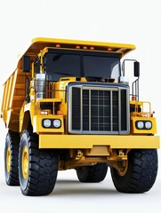 Yellow dump truck parked on a construction site with machinery and workers in the background