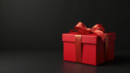 Obraz premium A vibrant red gift box with a luxurious satin ribbon, perfectly presented against a stark black background, symbolizes celebration and thoughtful gifting